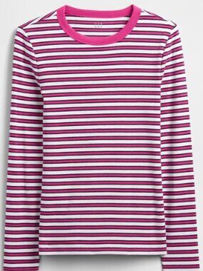 Gap Women's Soft Ribbed Knit Crewneck Shirt Pink Striped Cotton Stretch Top XL